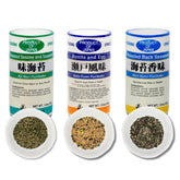 Generic furikake front packaging showing three flavor packets and convenience