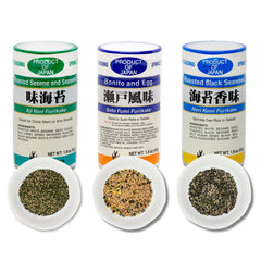 Generic furikake front packaging showing three flavor packets and convenience