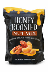Generic honey roasted nut mix front packaging showing 30 oz bag and resealable top benefit fresh storage
