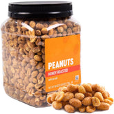 Generic honey roasted peanuts front jar showing label and resealable lid for freshness