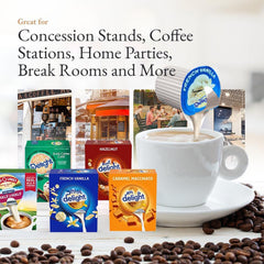 Generic five-flavor creamer singles laid out to show flavor assortment and choice