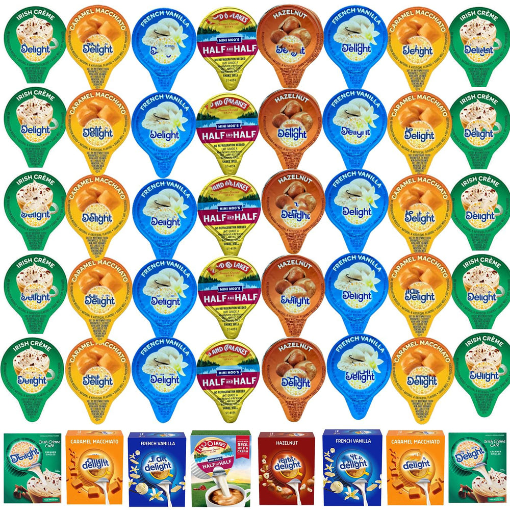 Generic front packaging of 50-count creamer singles showing variety and convenience