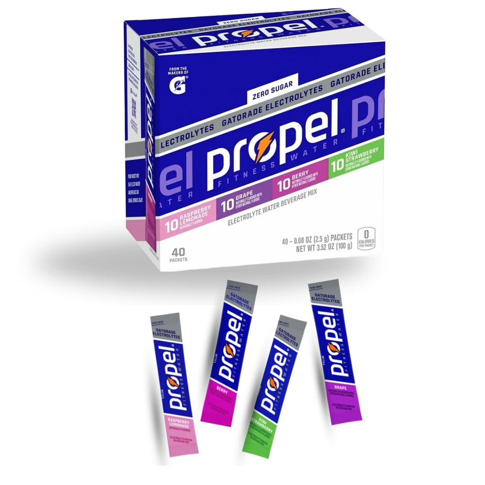 Generic Propel front packaging showing the 40-pack and flavor variety for convenience