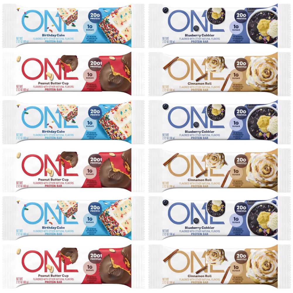 Generic brand protein bar box front view showing four-flavor variety and low sugar benefit