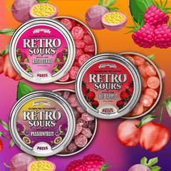 Generic Retro Sours front tin showing Raspberry Apple Passionfruit trio, great gift appeal