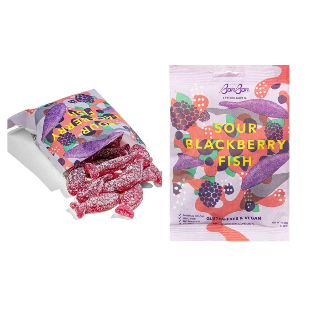 Generic sour blackberry fish front packaging showing brand and vegan label, promotes mindful snacking