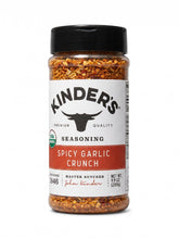 Generic brand bottle front label showing organic spicy garlic seasoning and dual lid for convenience