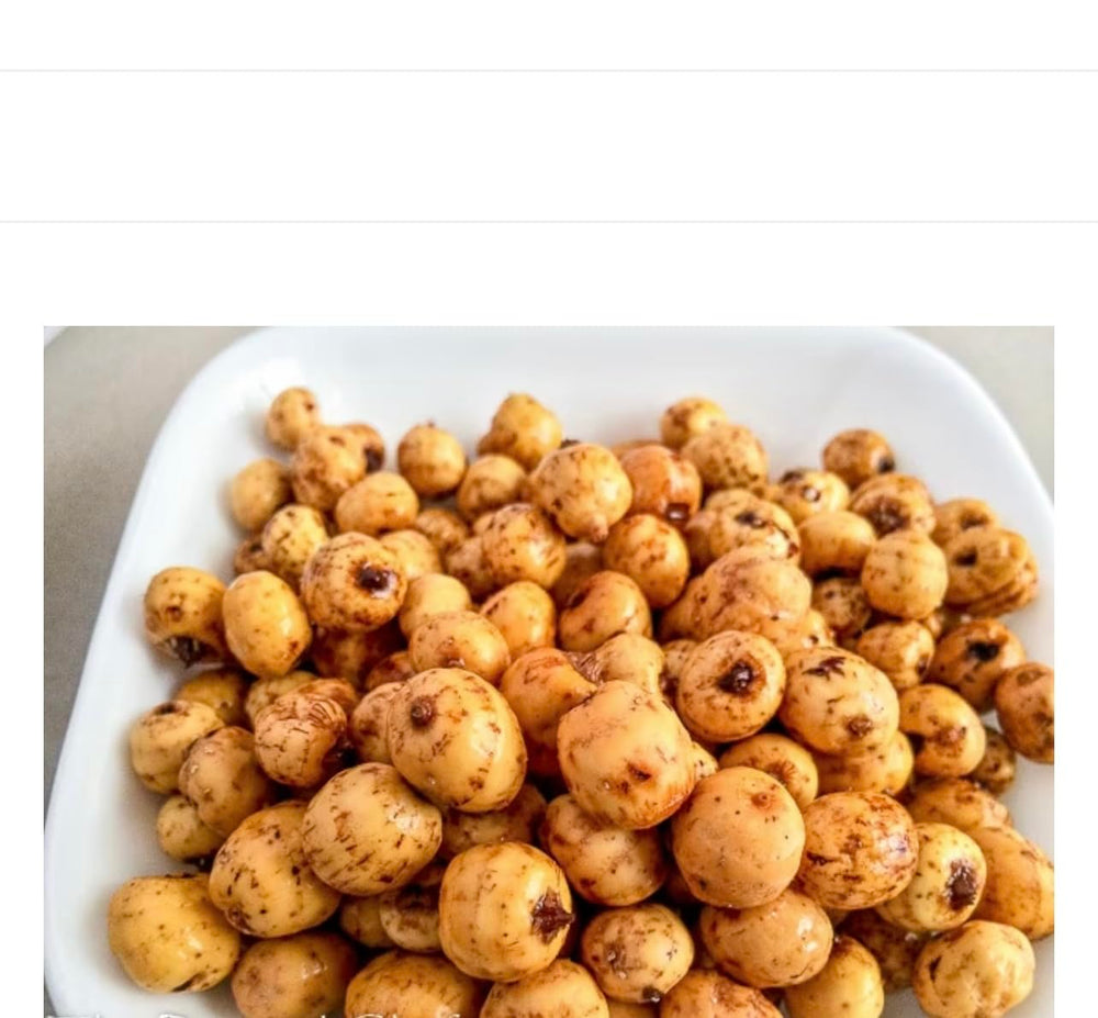 Generic tigernuts front pack showing whole raw tubers and natural snack benefit