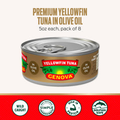 Genova open can displaying yellowfin tuna pieces and ready-to-eat convenience