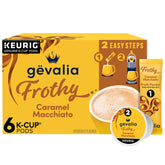Gevalia box front view showing caramel macchiato kit benefits