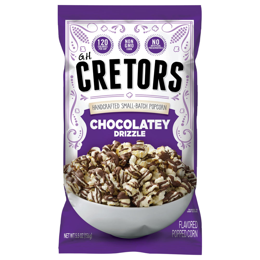 G.H. Cretors front packaging showing dark chocolatey drizzle and convenience