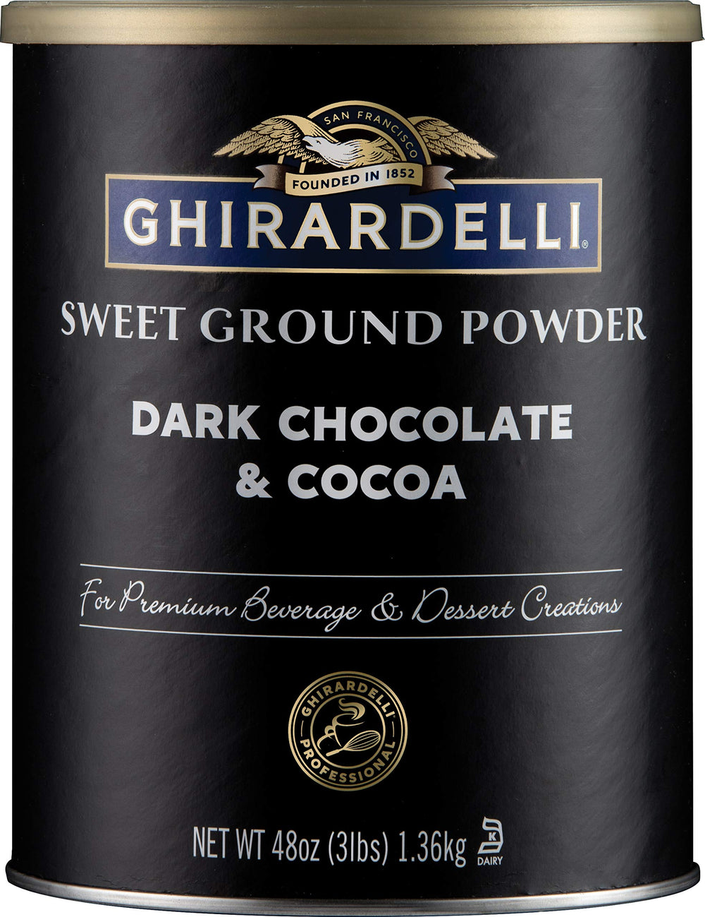 Ghirardelli front of can showing label and 3 lb size, clear product identity and convenience