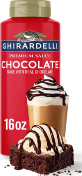 Ghirardelli front packaging showing bottle and label, highlights premium chocolate