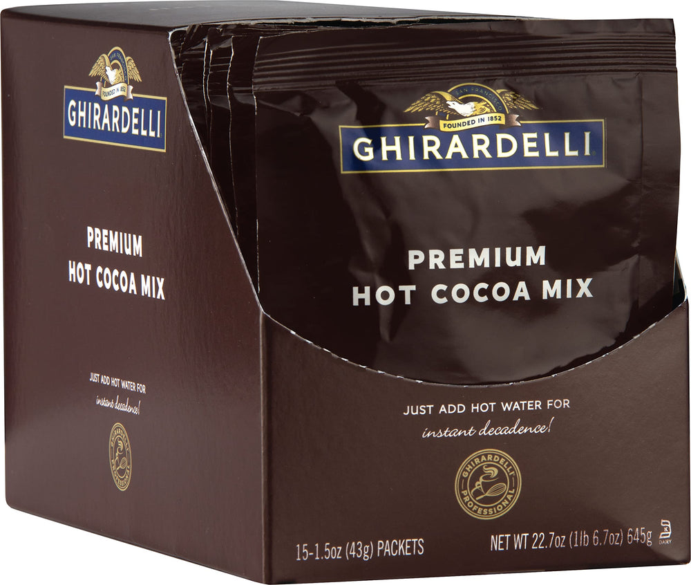 Ghirardelli front packaging showing 15 envelopes and rich chocolate appeal