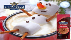 Opened Ghirardelli packet poured into mug for quick hot cocoa preparation