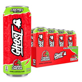 GHOST cherry limeade 12-pack front view showing cans and branding, clear product display