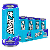 GHOST energy blue raspberry front packaging showing 12-pack and flavor clarity