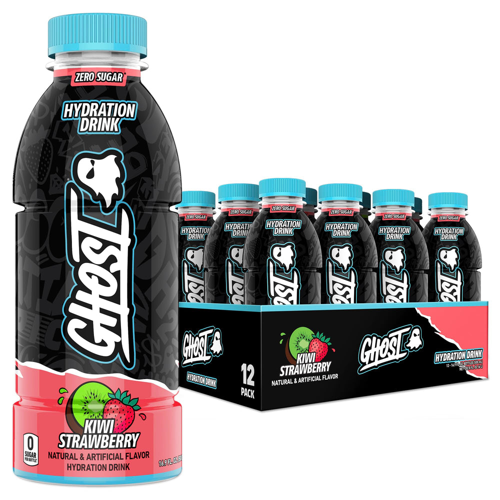 GHOST bottle front packaging showing kiwi strawberry flavor and clear benefits