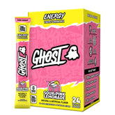 GHOST front packaging showing box of 24 pink lemonade sticks and benefits