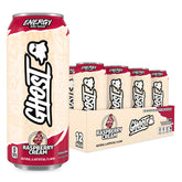 GHOST Raspberry Cream front packaging showing 12-pack and flavor benefit