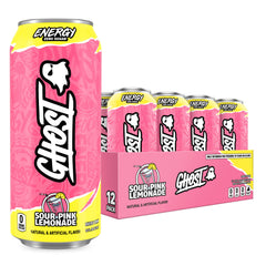 GHOST sour pink lemonade front packaging showing 12-pack and benefits