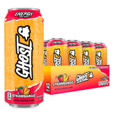 GHOST Strawbango front pack showing 12 cans and bold branding benefit clarity