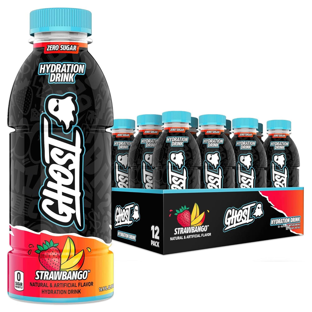 GHOST Strawbango front packaging showing 12-pack and vibrant label, clear benefits