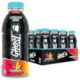 GHOST Strawbango front packaging showing 12-pack and vibrant label, clear benefits