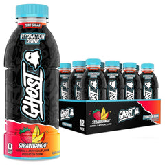 GHOST Strawbango front packaging showing 12-pack and vibrant label, clear benefits