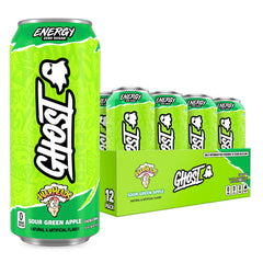 GHOST Warheads sour green apple front packaging showing bright can and branding for visibility