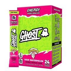 GHOST front packaging showing Warheads Sour Watermelon flavor and benefits