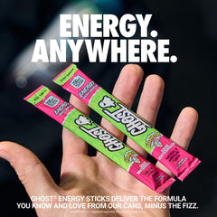 GHOST single stick close-up showing powder texture and single-serve convenience