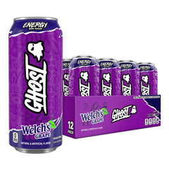 GHOST Welch's Grape front packaging showing 12-pack and branding benefit