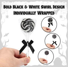 Gift Boutique black ribbon bow detail on individually wrapped lollipop, ready for gifting