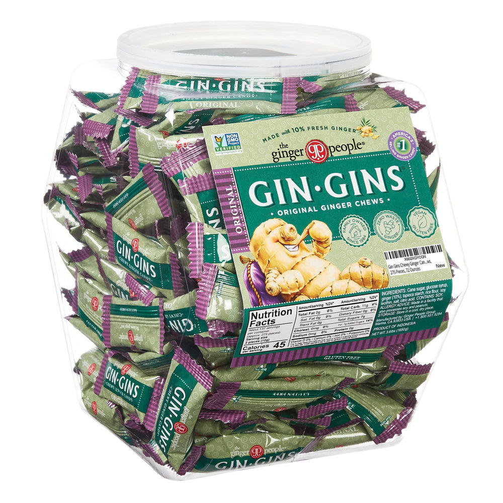 Gin Gins front of tub showing label and reusable jar, convenient storage