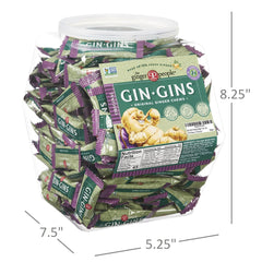 Gin Gins tub with hand for scale, brand and size clarity for buyers