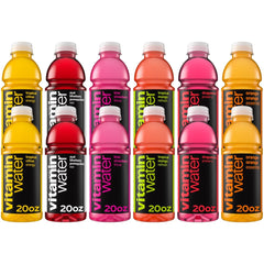 Glacéau bottle front packaging showing the 12-pack and flavor variety, offering convenience