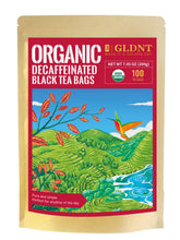 GLDNT front packaging showing organic decaf black tea benefits