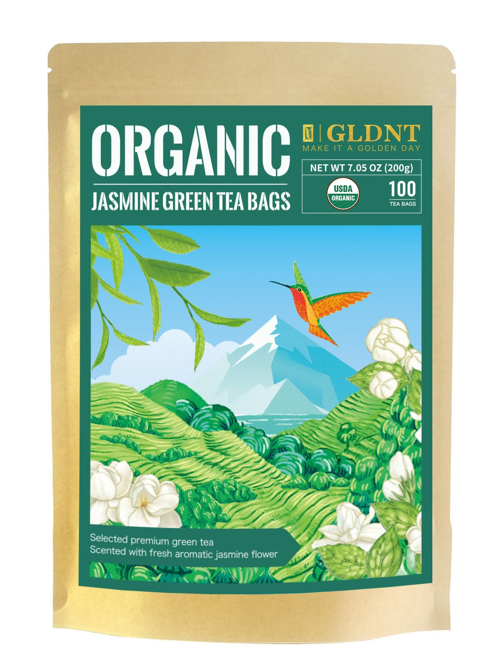 GLDNT front packaging showing 100-count pouch and branding, highlights freshness