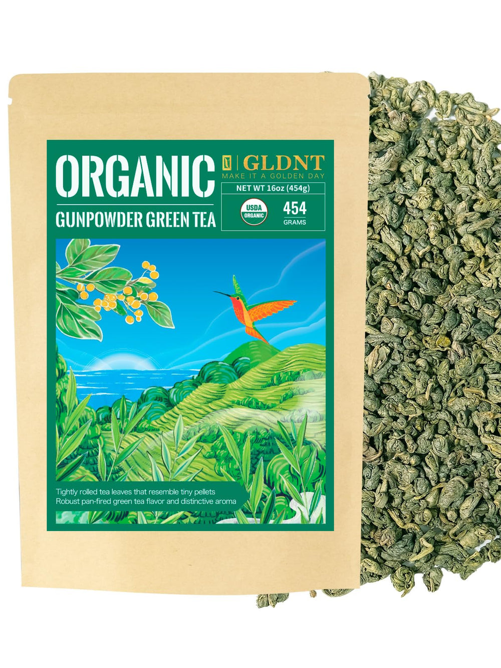 GLDNT front pouch showing organic gunpowder green tea and freshness benefit