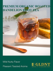 GLDNT brewed tea in a mug illustrating roasted color and cozy morning ritual