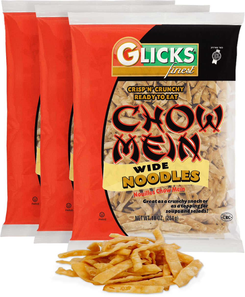 Glicks front packaging of 10oz chow mein 3-pack showing brand and crisp benefit