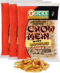 Glicks front packaging of 10oz chow mein 3-pack showing brand and crisp benefit