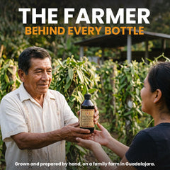 Global Goods vanilla being poured into a spoon illustrating easy measuring and rich flavor