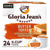 Gloria Jean's front packaging showcasing butter toffee flavor and pod count