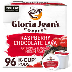 Gloria Jean's front box showing Raspberry Chocolate Lava pods and convenience