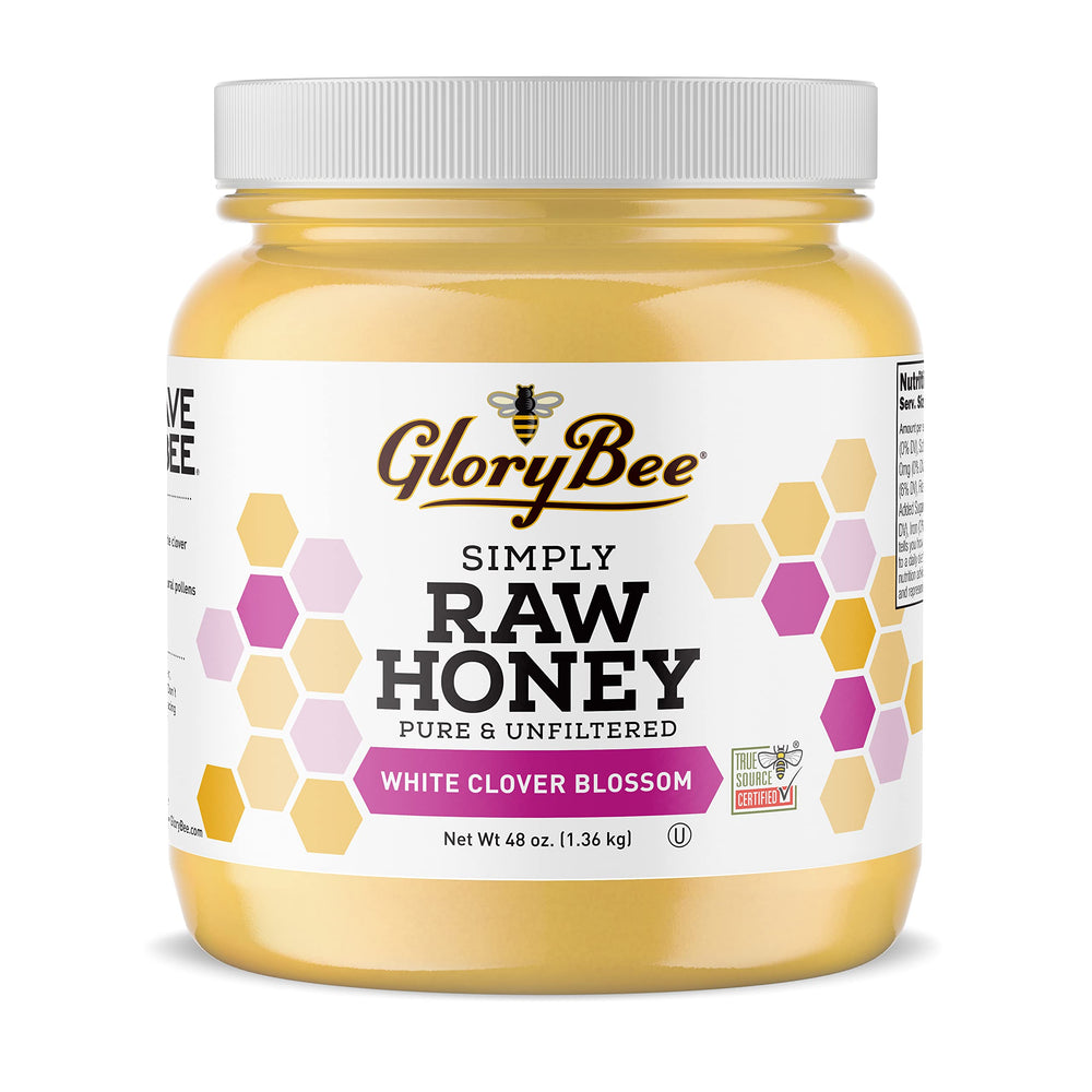 GloryBee jar front label showing product name and size, clear branding benefit