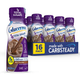 Glucerna front packaging showing chocolate shake and benefits
