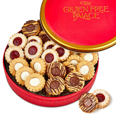 Gluten Free Palace festive tin front view showing gift-ready packaging and long-lasting freshness