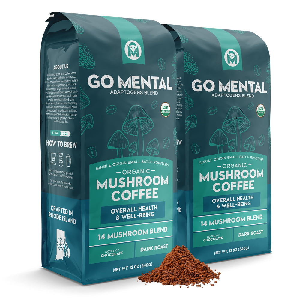 GO MENTAL front bag view showing organic 14-mushroom coffee, clear branding and benefits